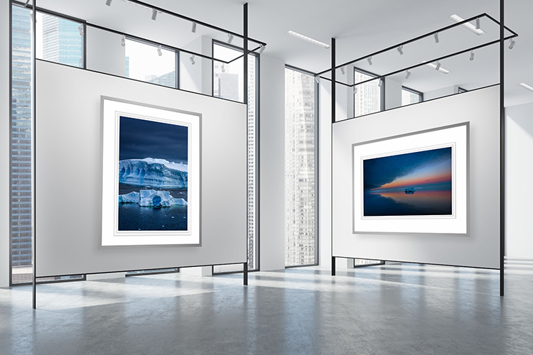 Loft art gallery with blank walls with special lightning, a magnificent cityscapes with skyscrapers white ceiling and a concrete floor. Concrete. 3d rendering mock up